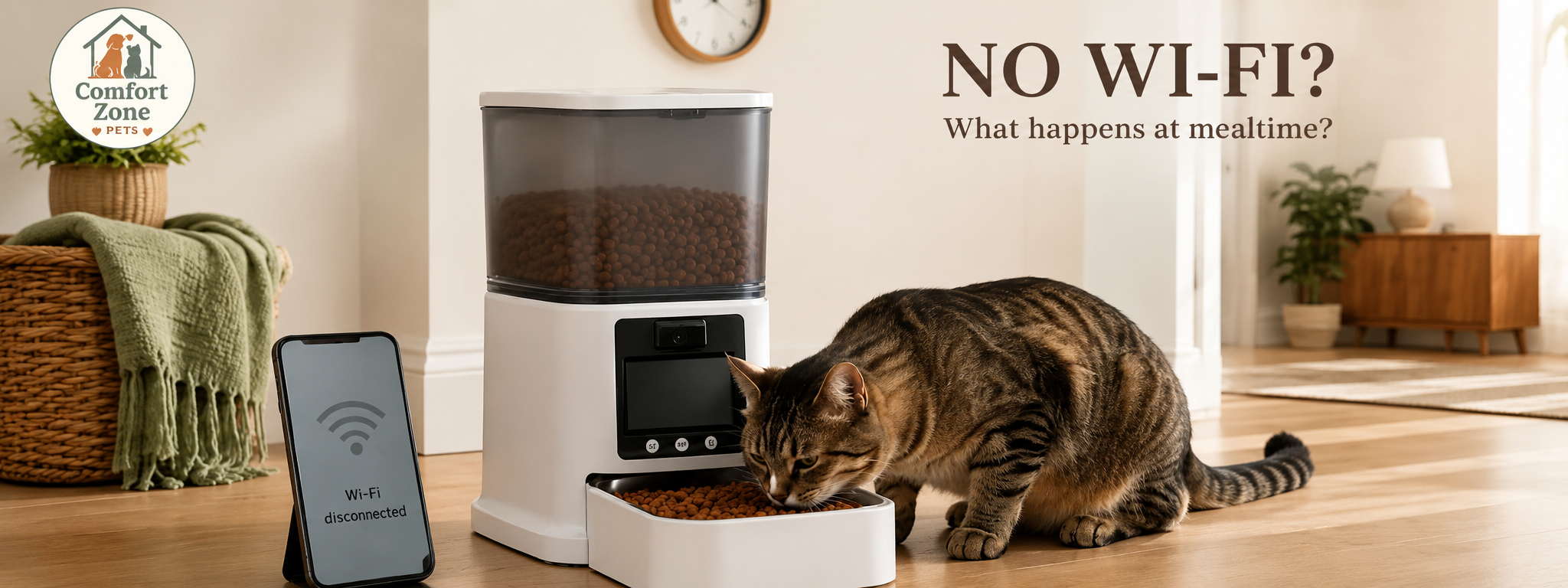 Cat beside a Comfort Zone Pets automatic feeder checking whether Wi-Fi is connected for remote camera access.