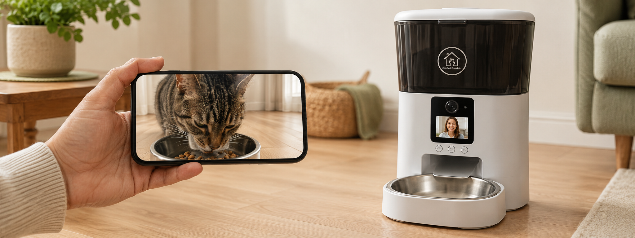 Pet beside a Comfort Zone Pets automatic feeder in a safe, connected home feeding routine.