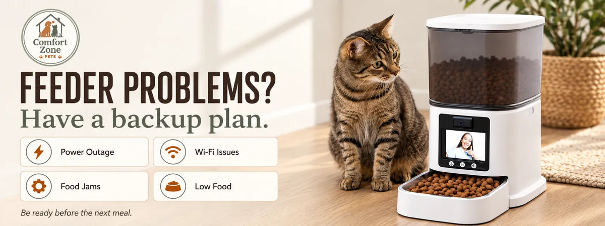 Tabby cat beside a smart automatic pet feeder with a troubleshooting checklist for power outages, Wi-Fi issues, food jams, and low food.