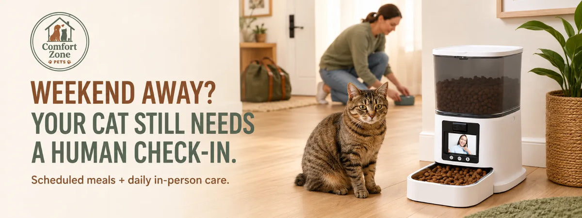 Tabby cat beside an automatic feeder while a caregiver checks its water, showing why weekend trips require daily in-person care.