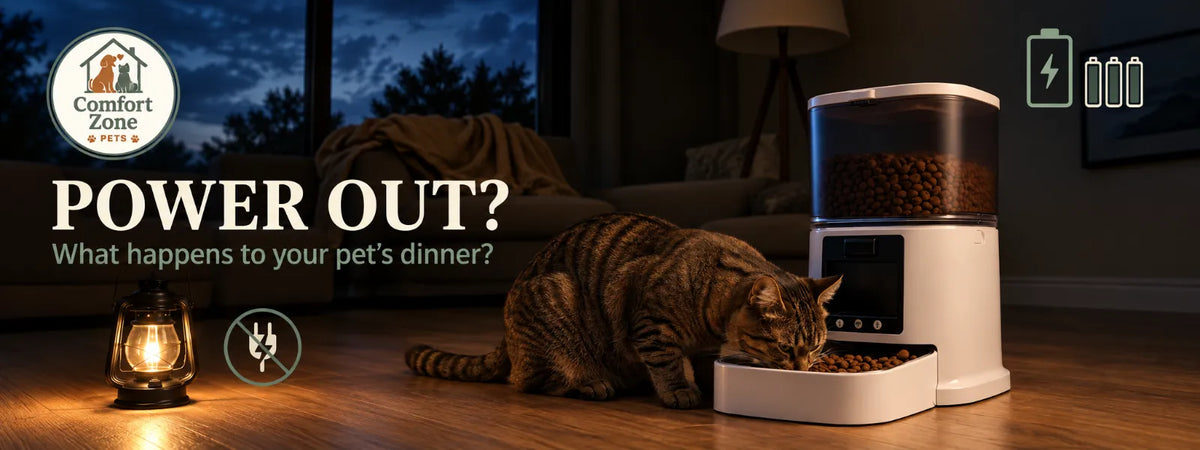 Cat eating from an automatic pet feeder with battery backup during a power outage.