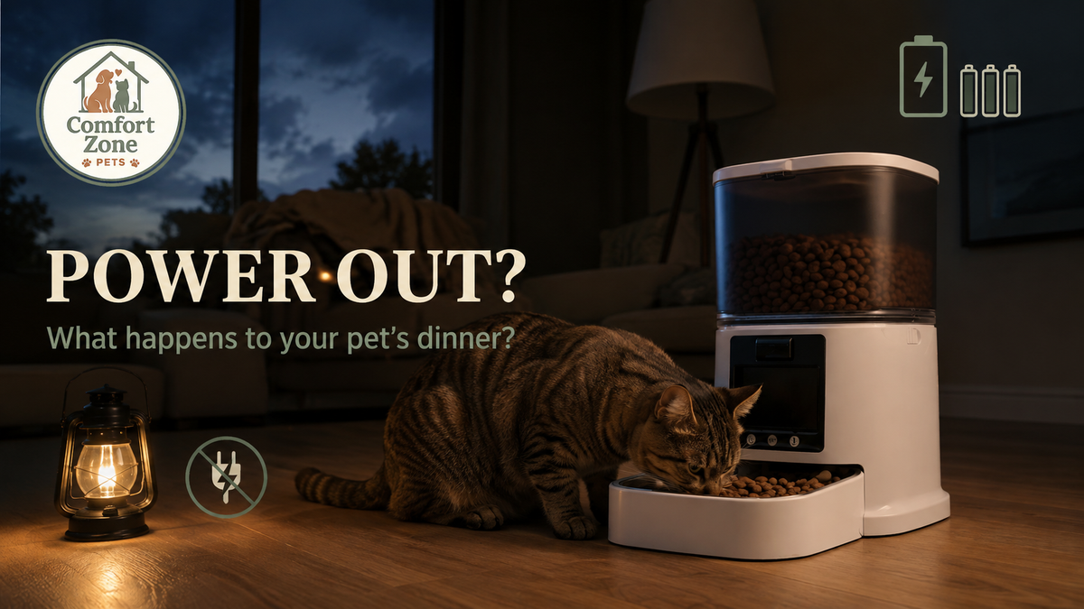 Cat eating from an automatic pet feeder with battery backup during a power outage.