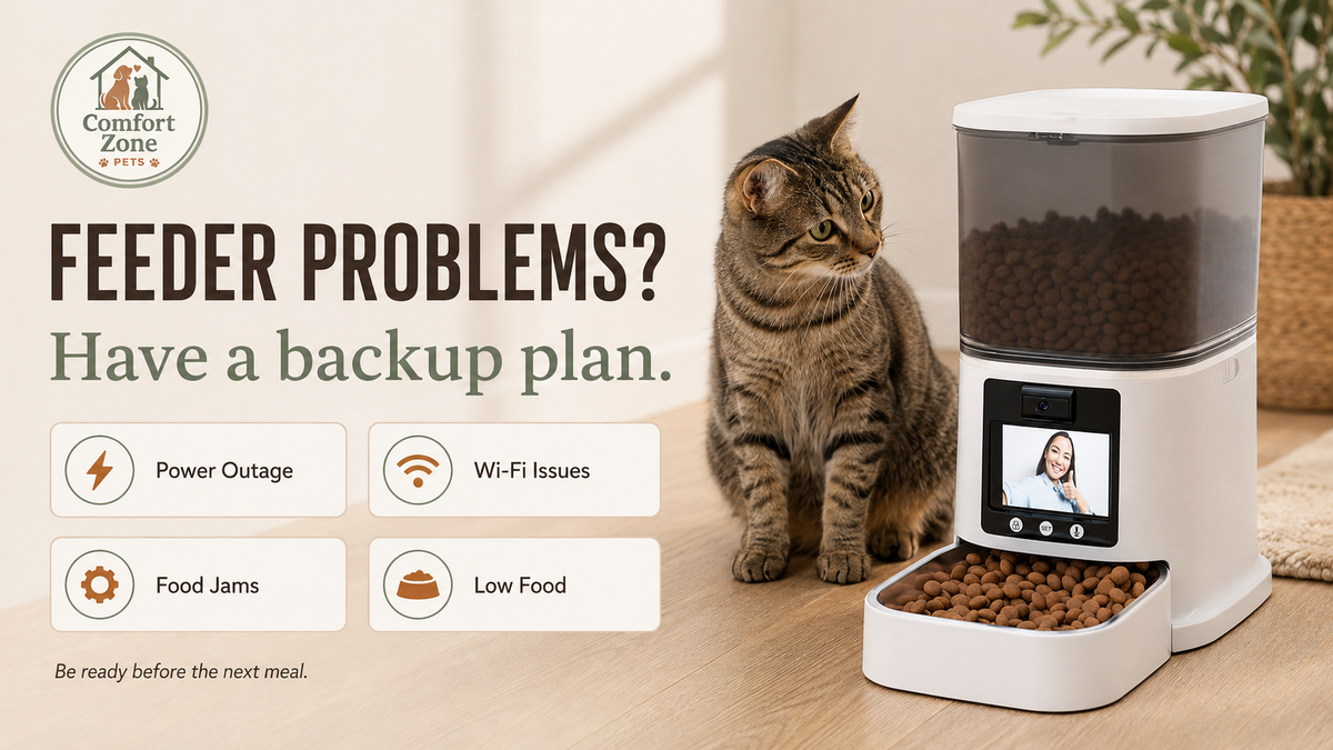Tabby cat beside a smart automatic pet feeder with a troubleshooting checklist for power outages, Wi-Fi issues, food jams, and low food.