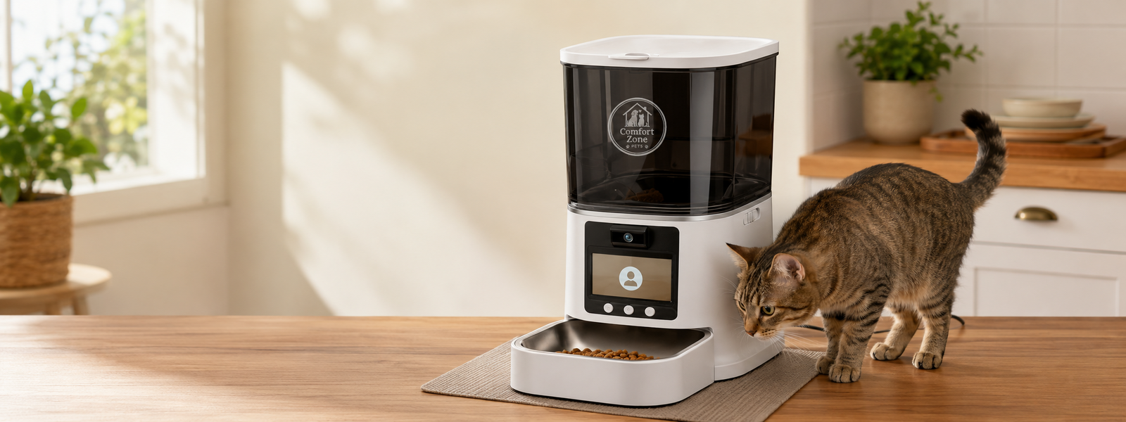 Automatic pet feeder safely positioned on a stable surface with a clean bowl, neatly routed cable, and a calm cat in a bright American home.