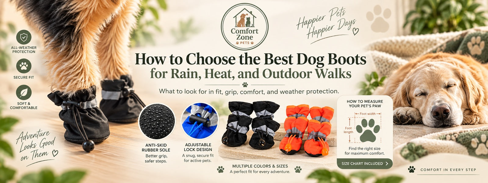 Wide buying-guide banner for best dog boots featuring paw measurement, anti-skid sole, and multiple colors.