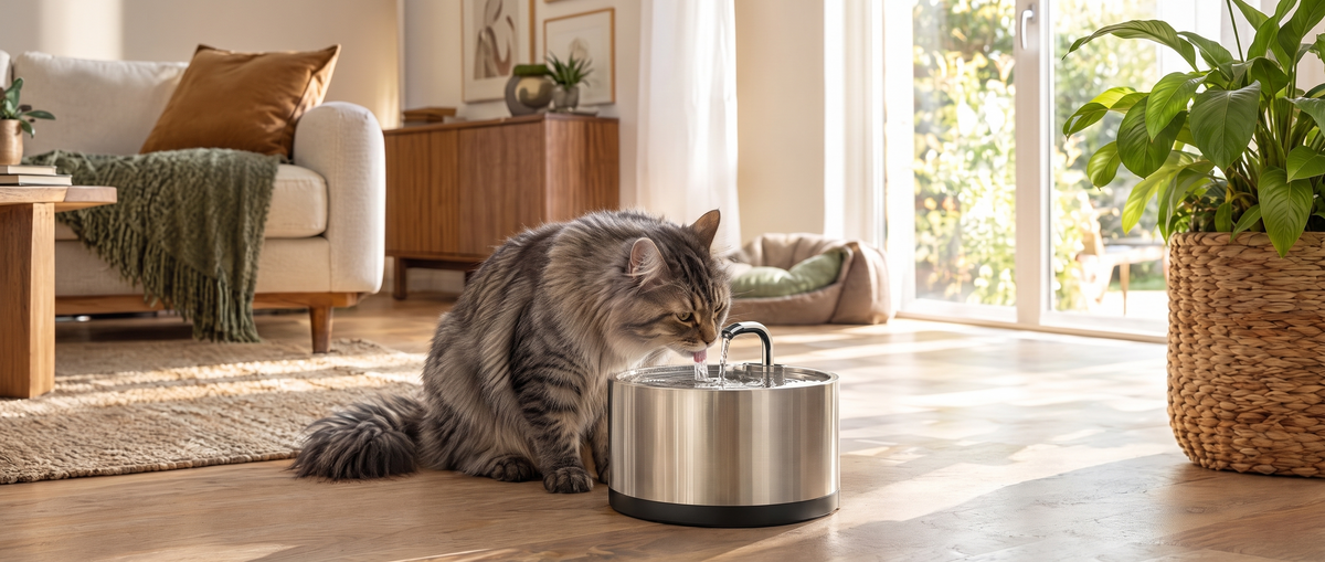 Fluffy cat drinking fresh water from a Comfort Zone Pets stainless steel water fountain in a cozy home