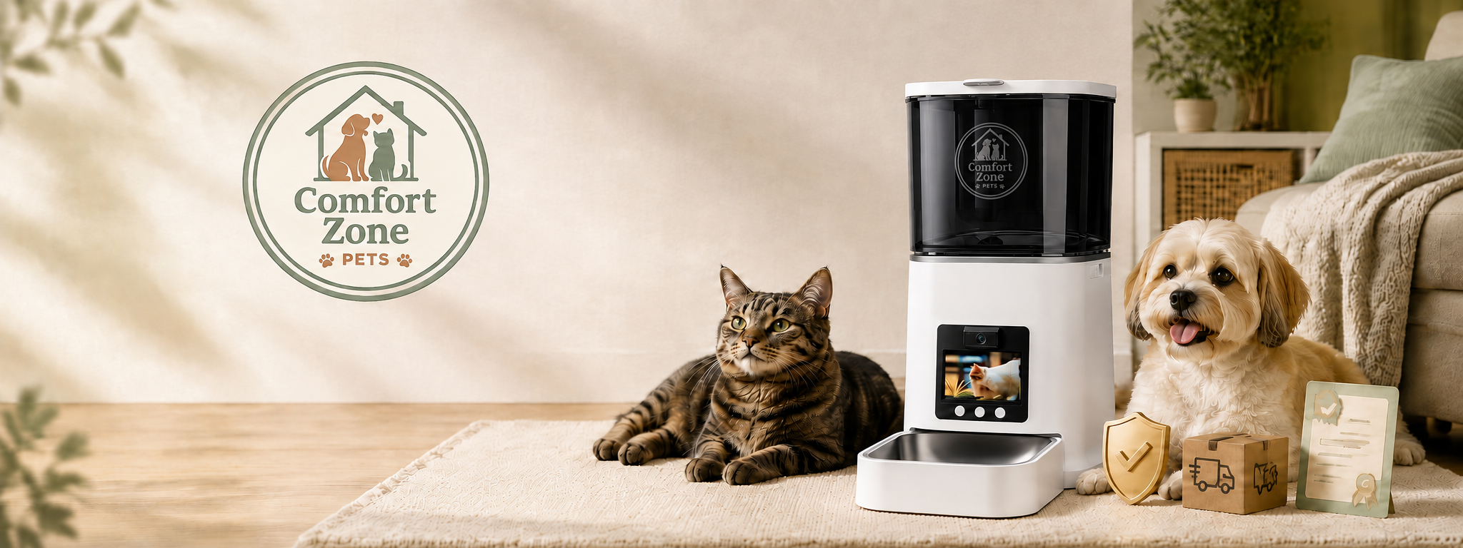 Comfort Zone Pets automatic pet feeder with silver logo printed on the black food tank, shown with a cat and dog in a cozy home