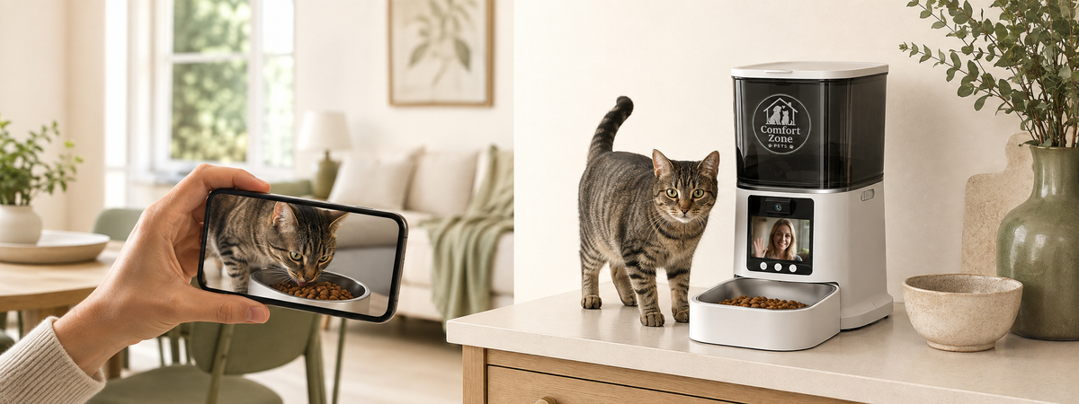 Tabby cat beside a smart automatic feeder while an owner checks the feeding bowl through a phone camera.