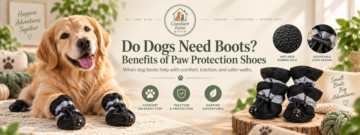 Golden retriever with dog boots in a cozy lifestyle blog banner about paw protection benefits.