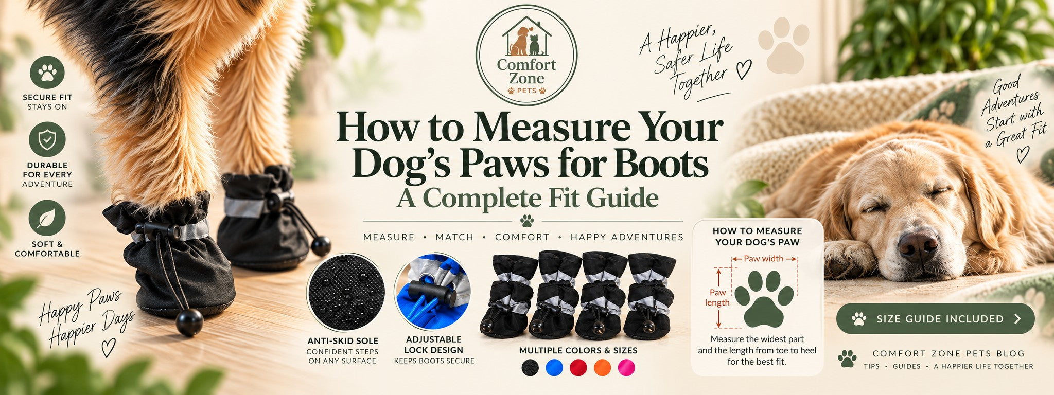 Dog boot size guide showing waterproof dog boots and paw measurement instructions for a comfortable fit.