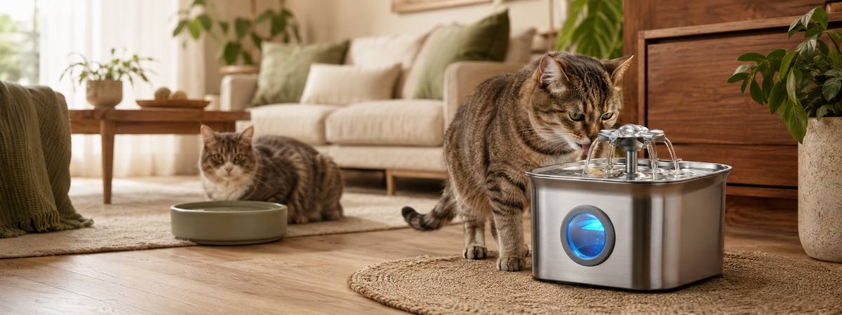 Two cats in a living room, one drinking from a stainless steel water fountain and another resting near a separate water bowl