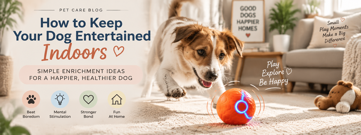 Dog playing indoors with an interactive bouncing ball toy, providing enrichment, mental stimulation, and fun activities for dogs at home