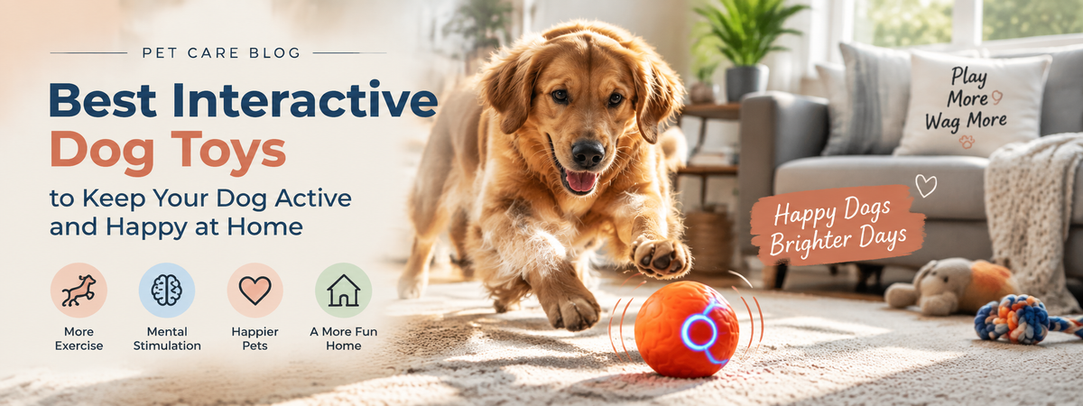 Golden retriever playing with an interactive dog toy ball at home, showing active play, exercise, and mental stimulation for happier dogs