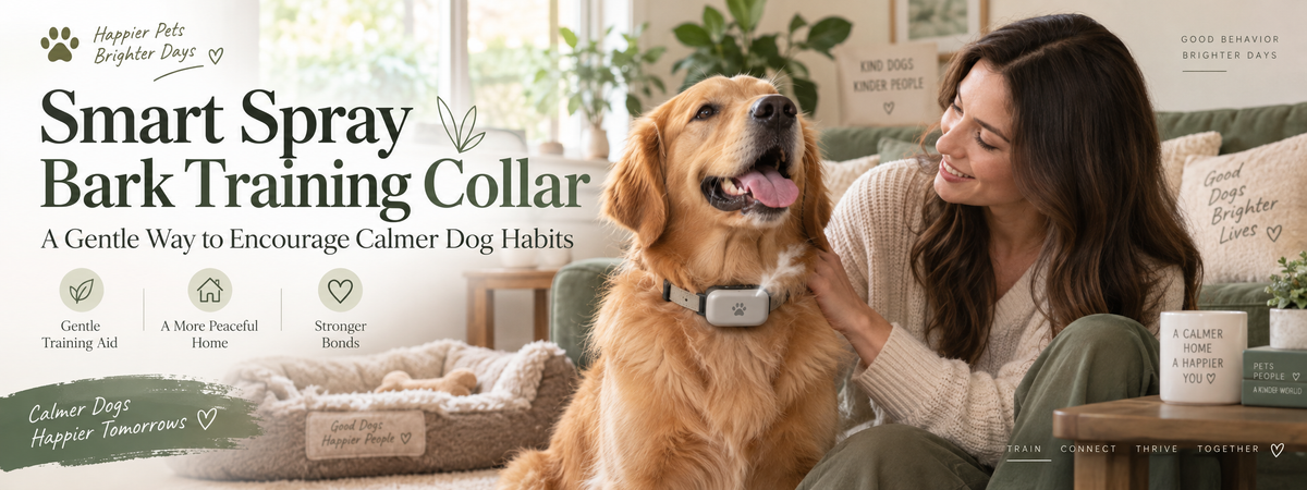 Smart spray bark training collar for dogs showing a gentle no shock training solution designed to encourage calmer dog habits.