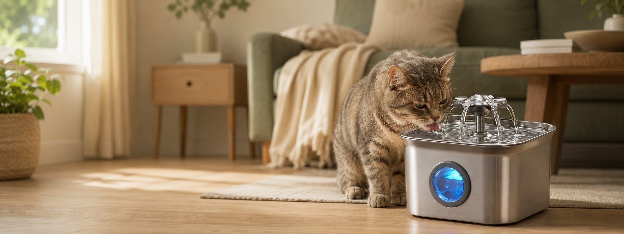 Cat drinking from a stainless steel water fountain's flowing stream
