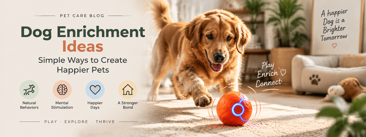 Happy dog enjoying an interactive enrichment toy at home, encouraging natural behaviors, bonding, and positive daily play routines