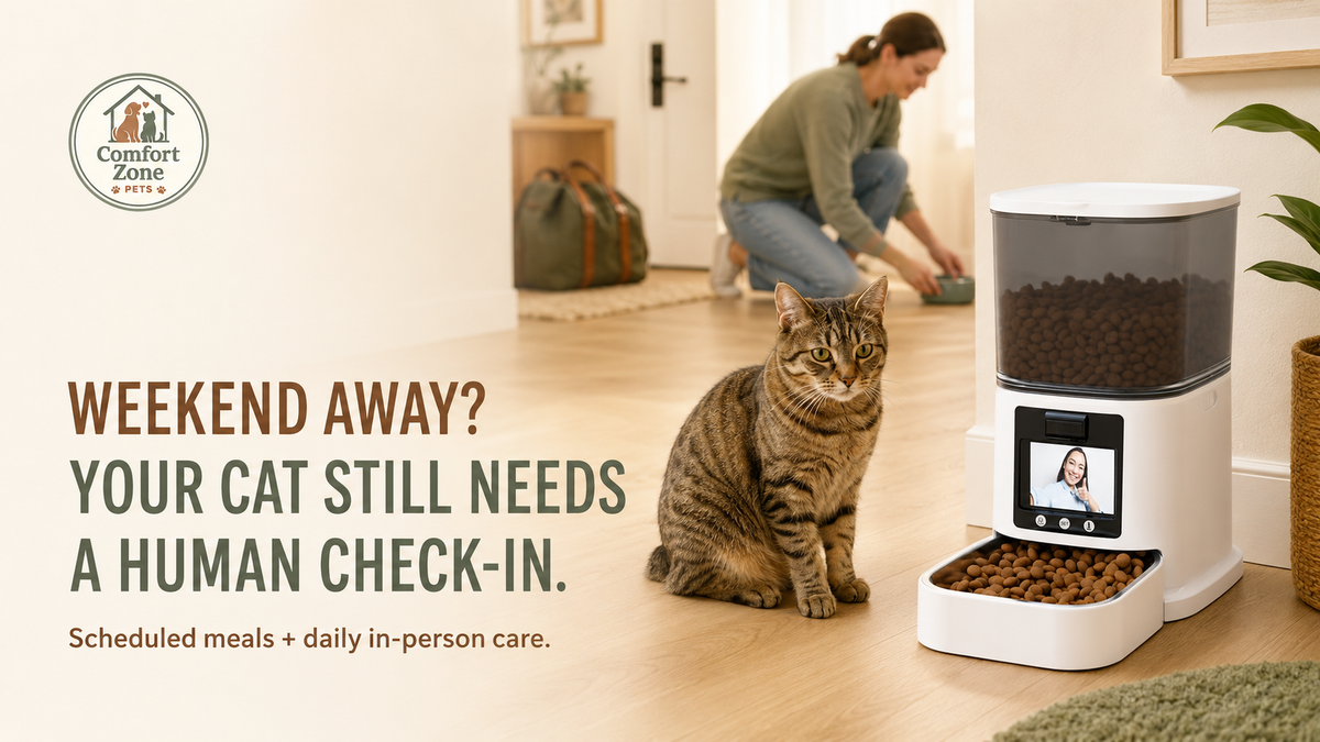 Tabby cat beside an automatic feeder while a caregiver checks its water, showing why weekend trips require daily in-person care.