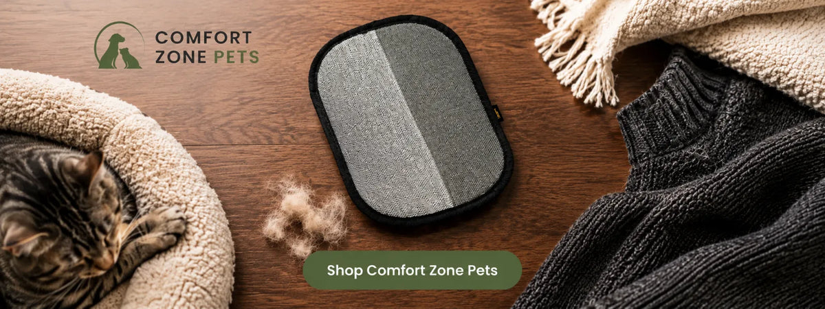 Comfort Zone Pets pet hair remover beside a sweater, blanket, and pet bedding