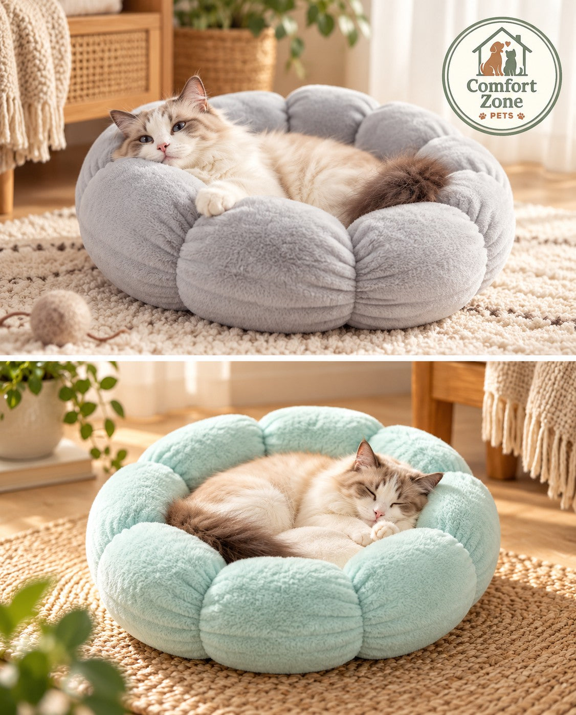 Complete guide to choosing the best cat bed, featuring plush round cat beds in gray and mint colors.
