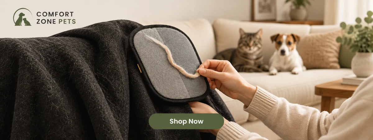 Comfort Zone Pets reusable pet hair remover collecting loose pet hair from clothing
