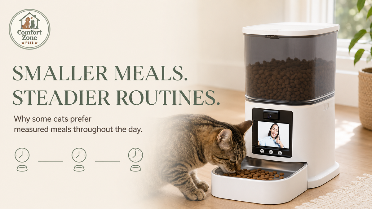 Tabby cat eating a small portion from an automatic cat feeder, illustrating smaller, more frequent meals throughout the day.