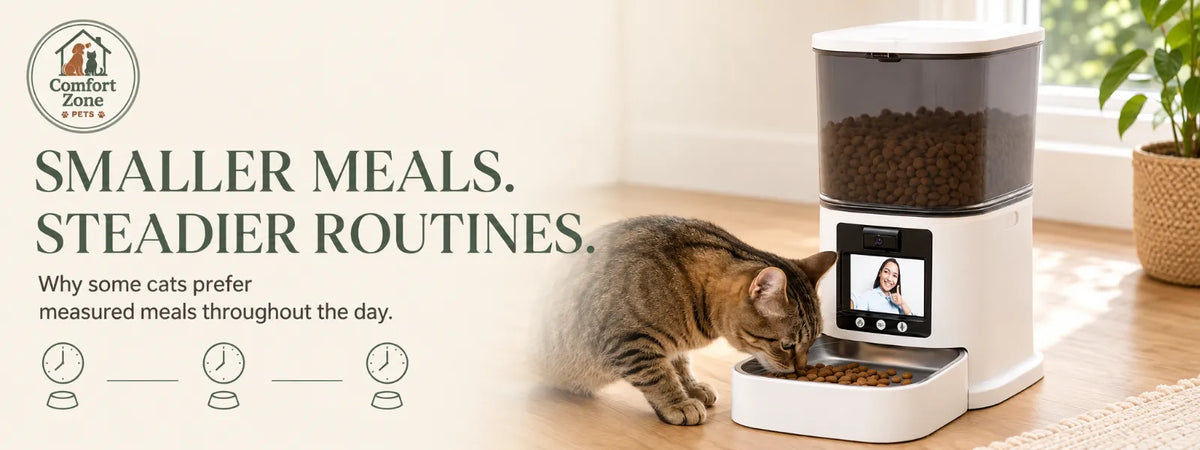 Tabby cat eating a small portion from an automatic cat feeder, illustrating smaller, more frequent meals throughout the day.