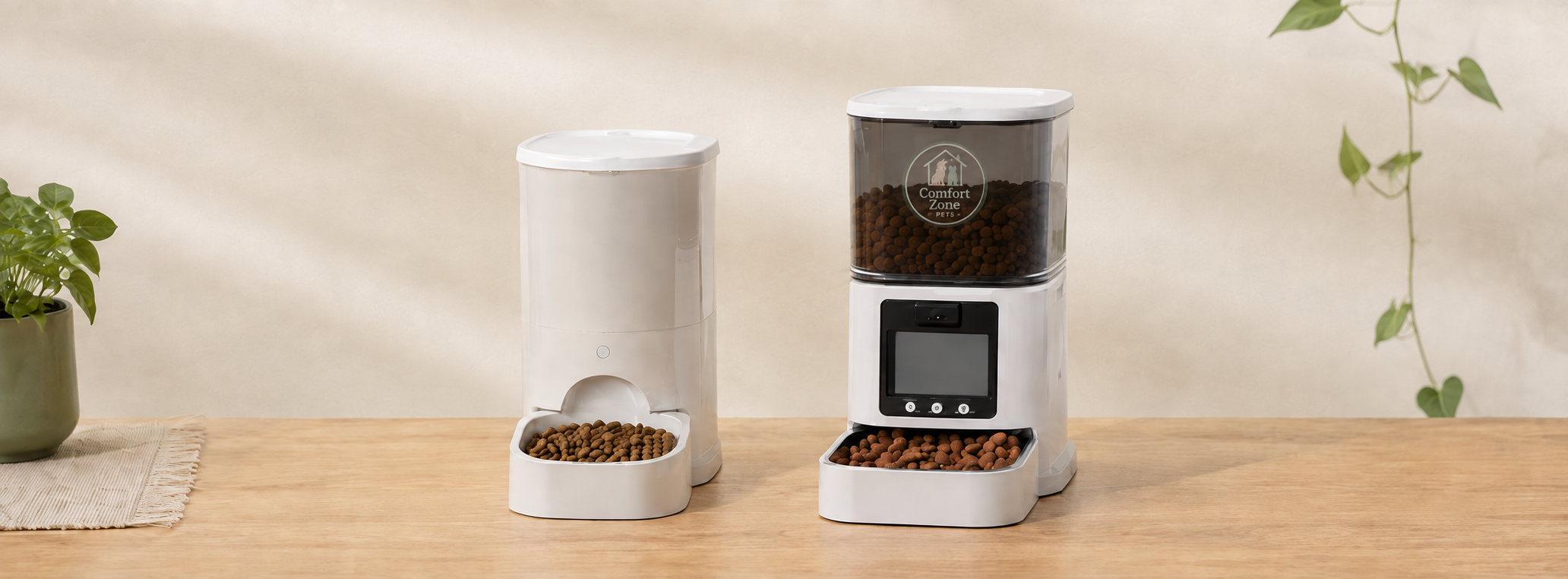Comparison of a basic and smart automatic pet feeder, with the Comfort Zone Pets logo displayed on the smart feeder tank.