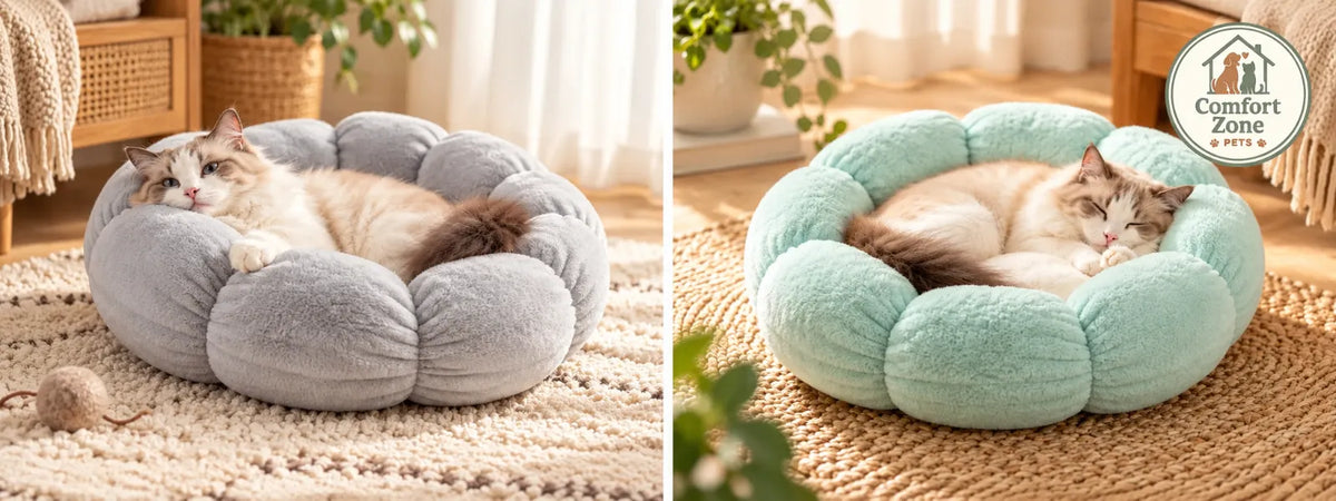 Complete guide to choosing the best cat bed, featuring plush round cat beds in gray and mint colors.