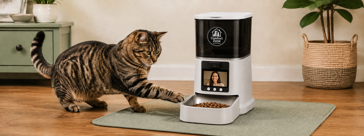 Pet beside a Comfort Zone Pets automatic feeder in a safe, connected home feeding routine.