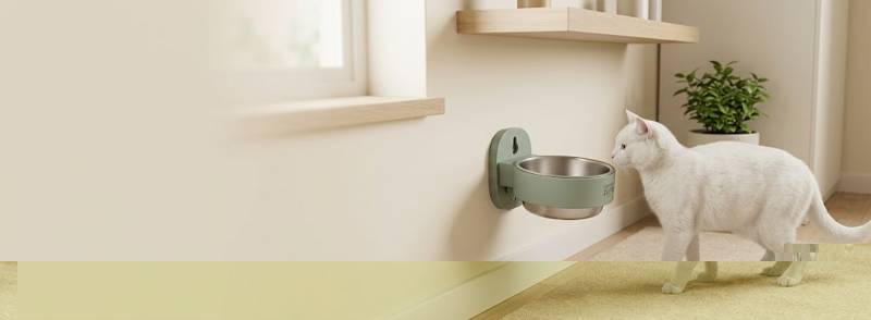 Wall-mounted stainless steel cat bowl at a comfortable height in a tidy home feeding area