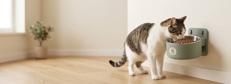 Adjustable wall-mounted cat bowl in a compact apartment feeding station