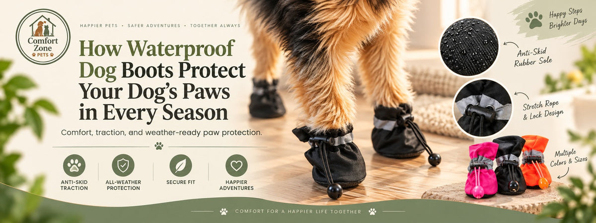 Dog wearing waterproof dog boots indoors with anti-skid sole and secure-fit feature callouts.