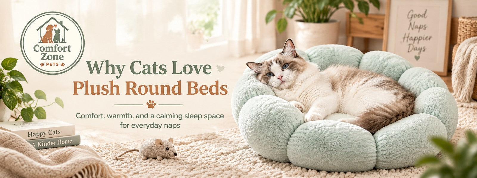 Premium plush round cat bed providing a cozy sleeping space for an indoor cat.