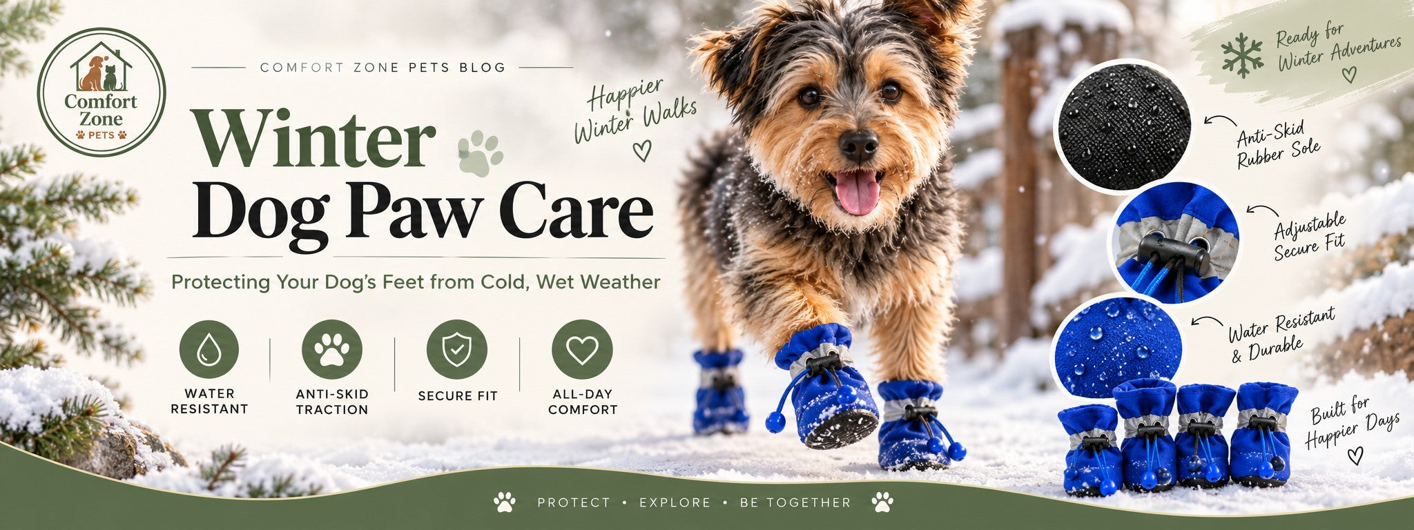 Dog wearing waterproof boots during a paw protection and winter dog care guide.