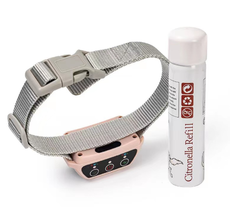 Spray bark training collar in pink with grey strap and citronella refill cartridge