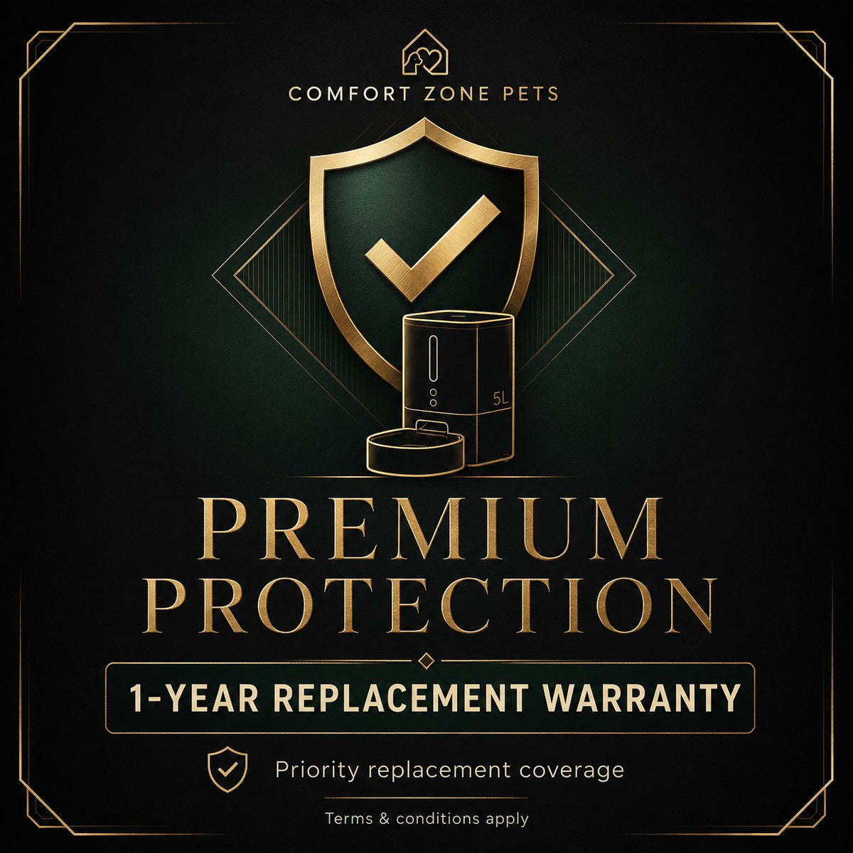Comfort Zone Pets premium protection graphic showing 1-year replacement warranty with priority replacement coverage for the automatic pet feeder