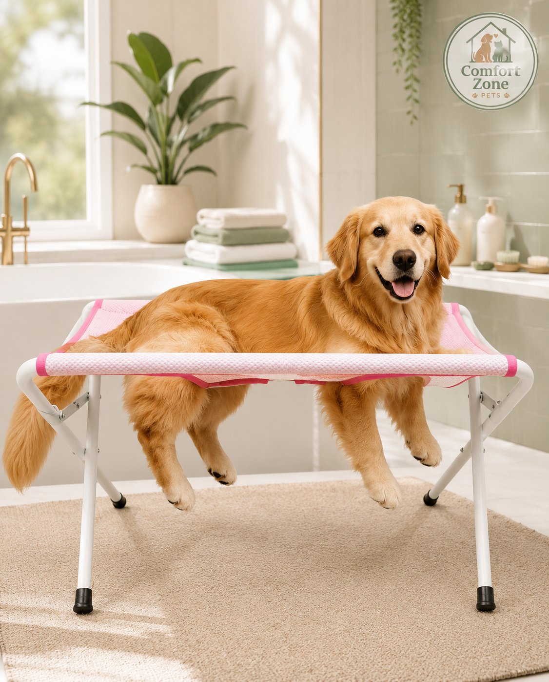 Golden retriever lying on a pink foldable dog and cat bathing grooming hammock stand