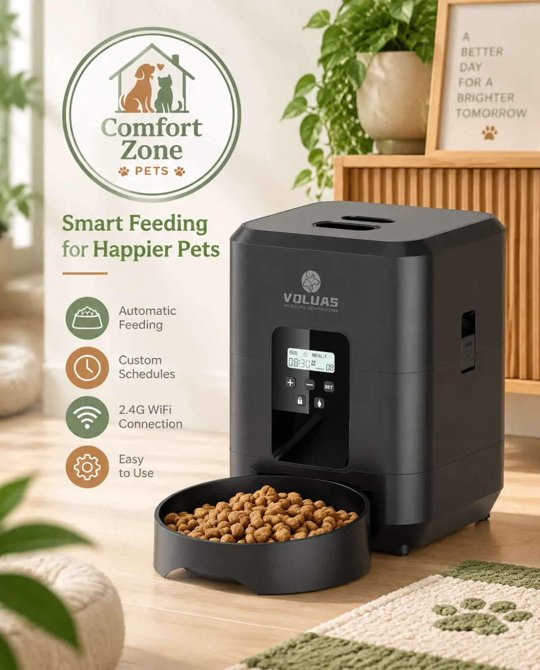 2L smart automatic pet feeder by Comfort Zone Pets with convenient feeding system for cats and dogs.