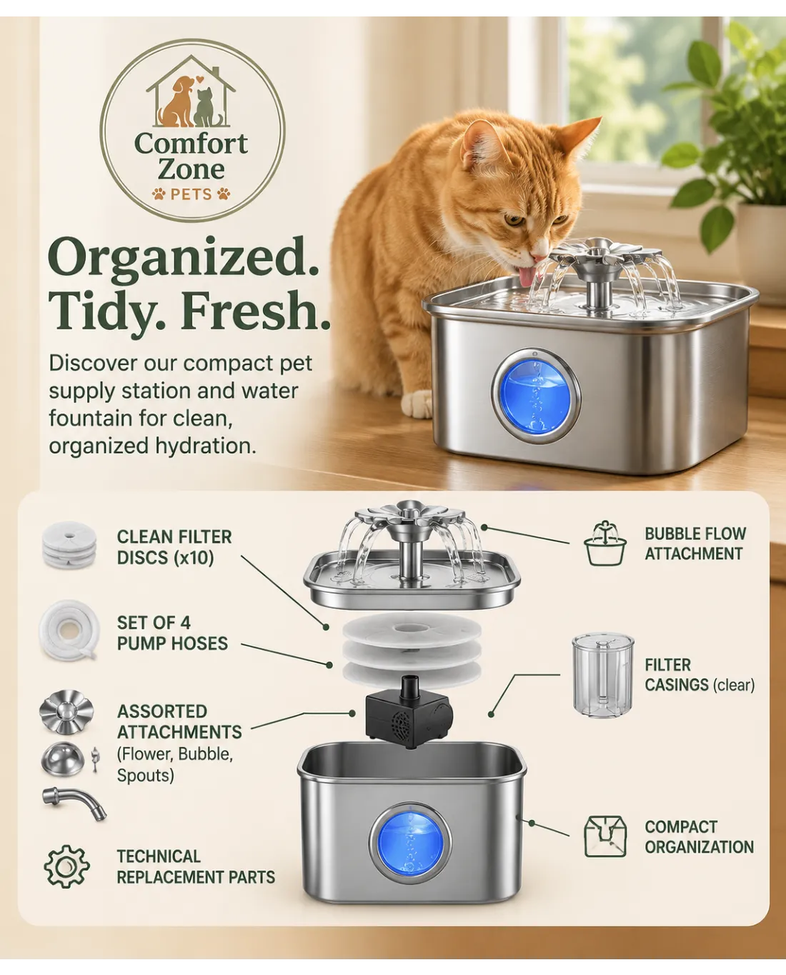 3.2L stainless steel cat water fountain providing fresh filtered water for cats