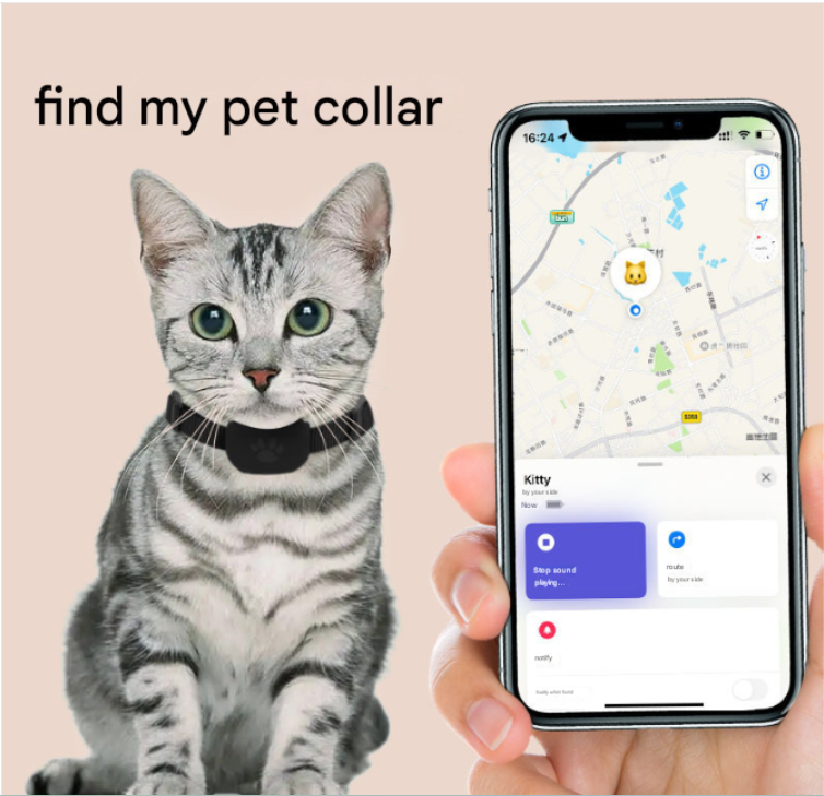 Find My app showing pet's location on a map with Play Sound option