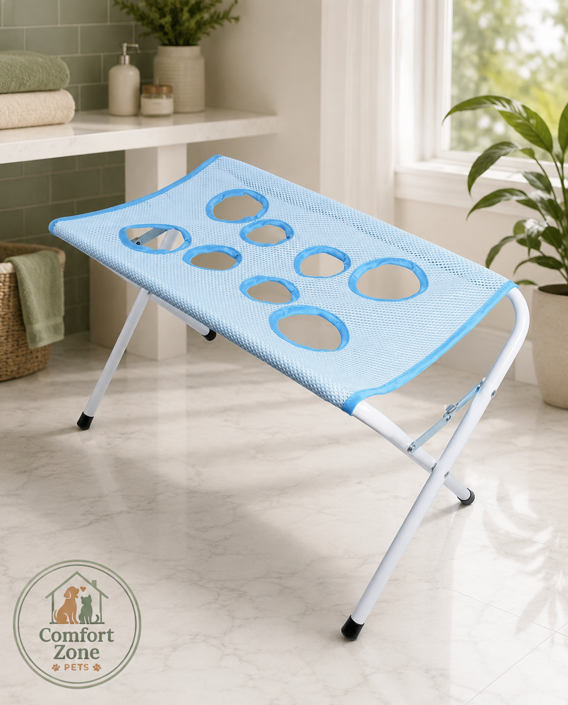 Empty light blue foldable pet bathing grooming hammock stand with drainage holes, fully assembled