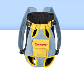 Pet front carrier backpack in blue and yellow with adjustable straps and leg openings