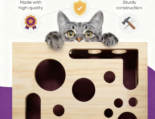 Wooden cat puzzle box, top view showing hole layout