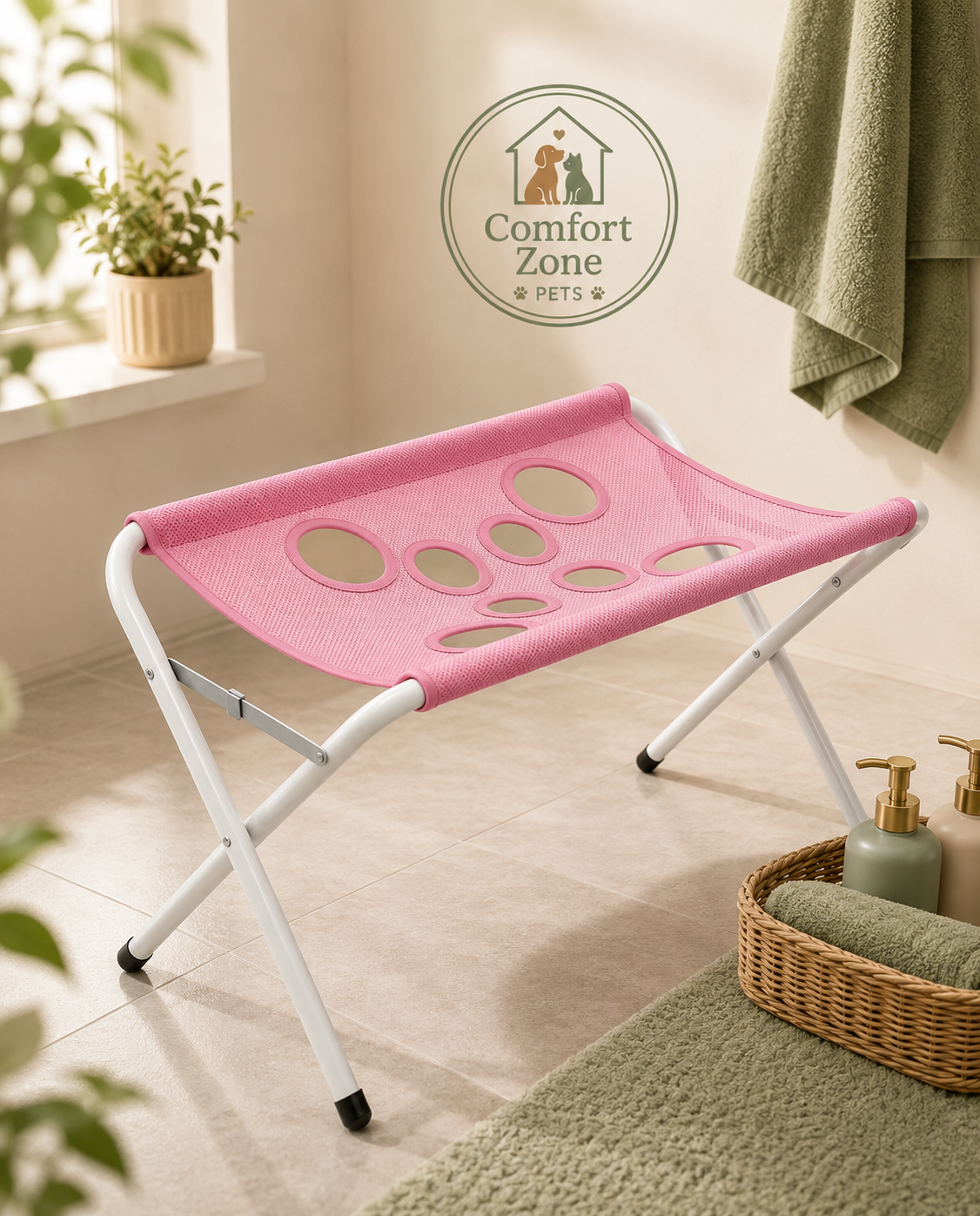 Empty pink foldable pet bathing grooming hammock stand with drainage holes, fully assembled