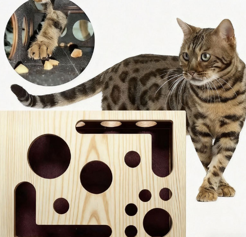 Wooden cat puzzle feeder box with multiple treat holes and a Bengal cat