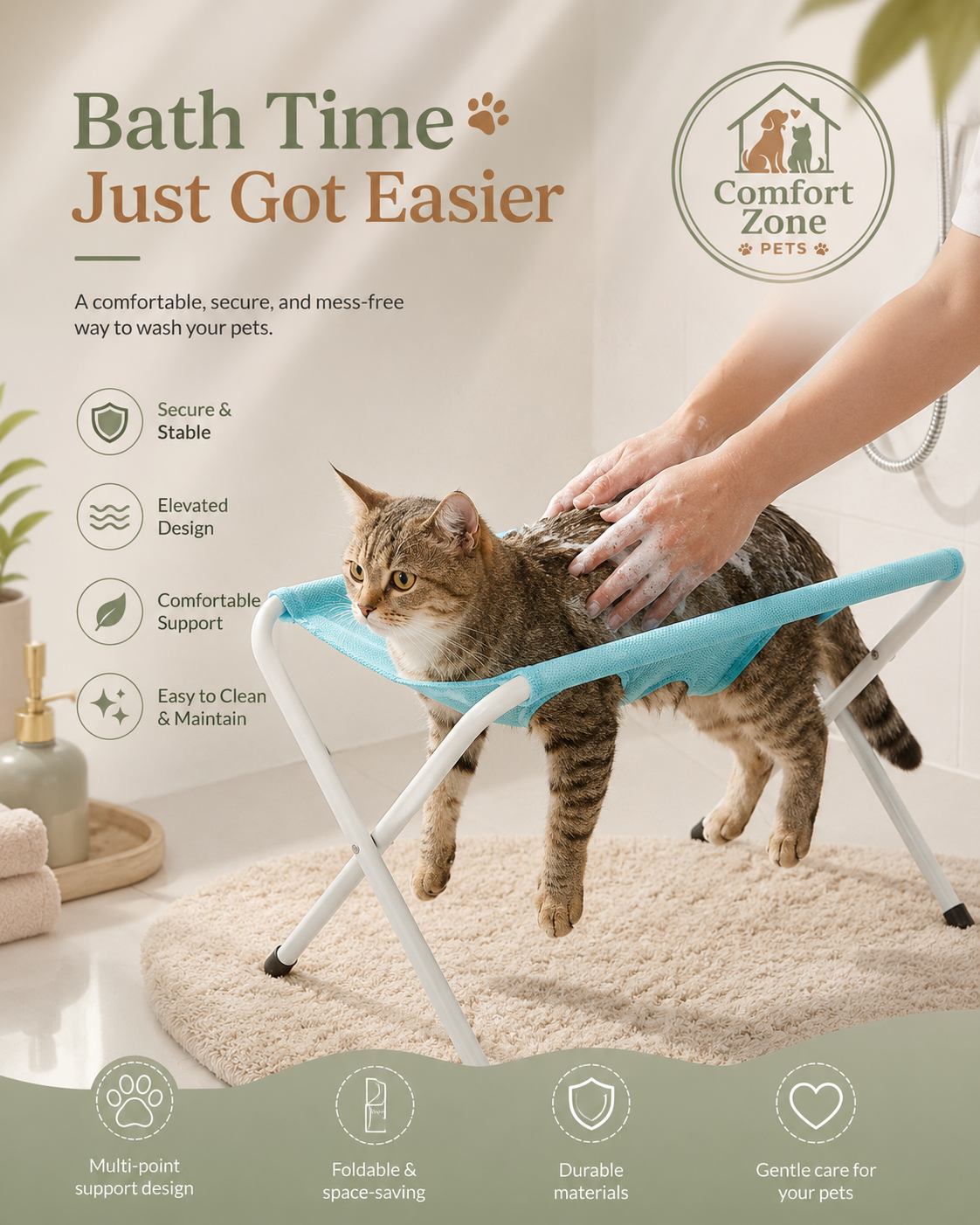 Foldable dog and cat bathing grooming hammock stand promotional graphic featuring a tabby cat and product benefit icons