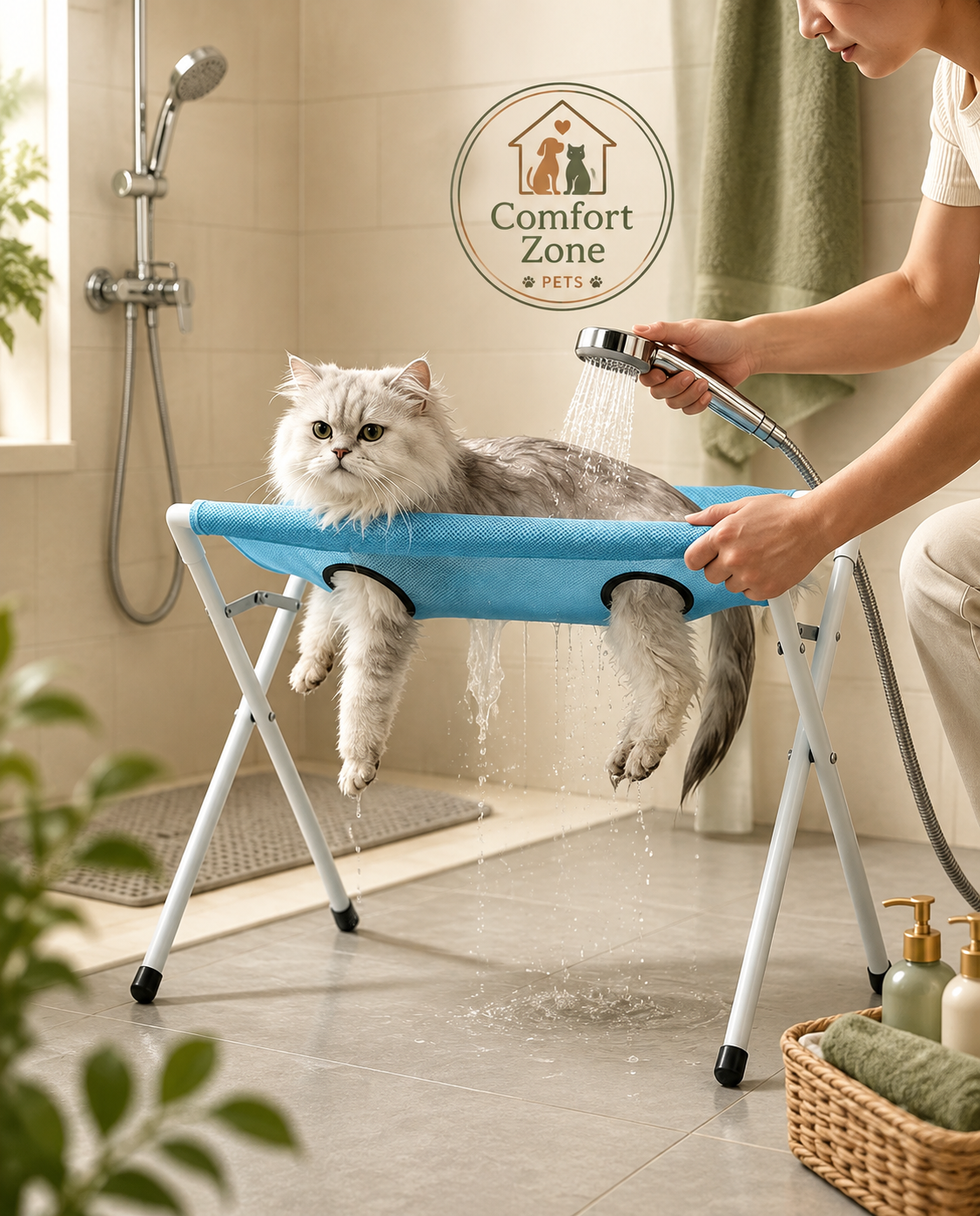 Person bathing a fluffy cat with a handheld shower head while it rests on a blue foldable pet bathing hammock stand