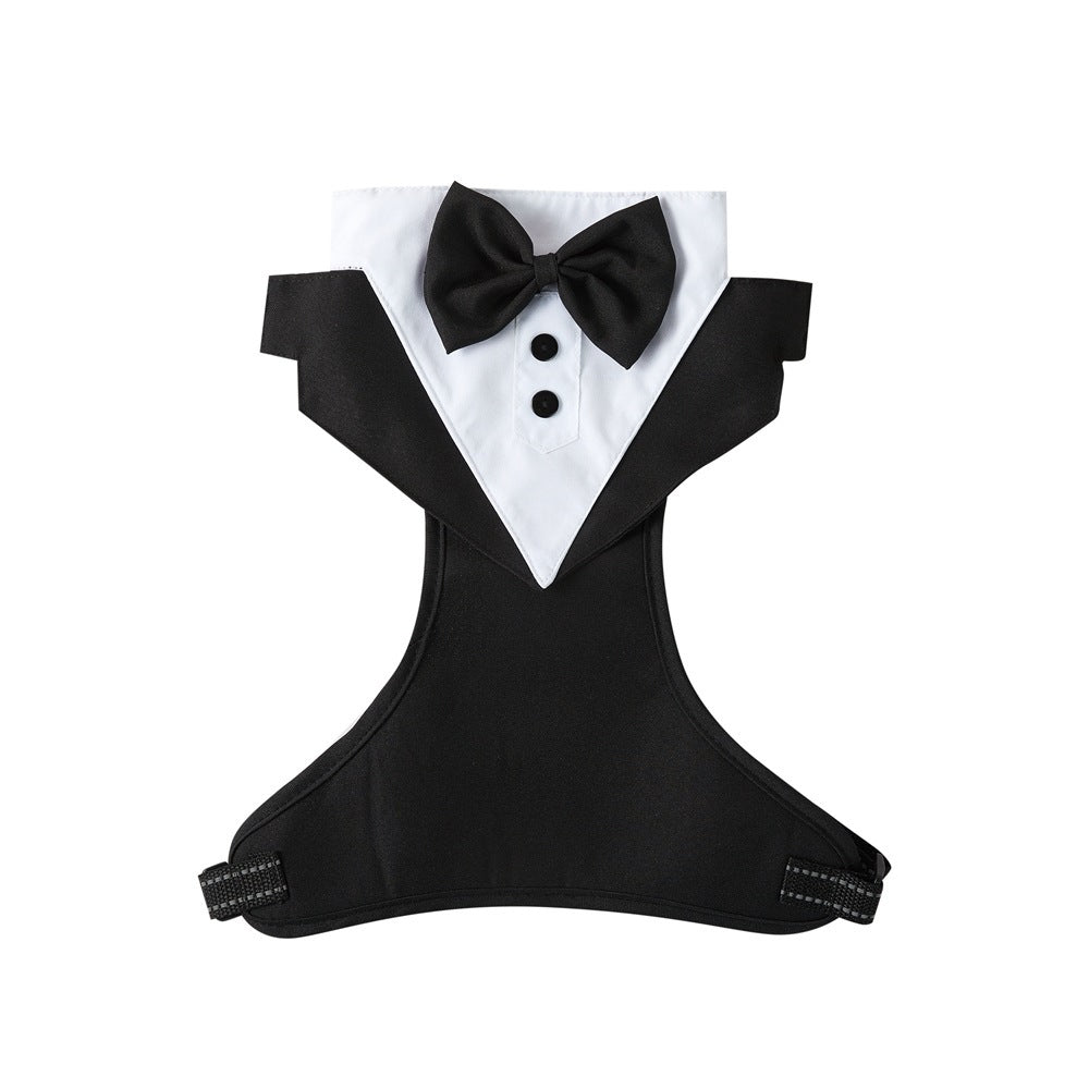 Close-up of dog tuxedo harness bow tie and button detail