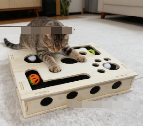 Wooden cat puzzle feeder and scratcher box, product photo