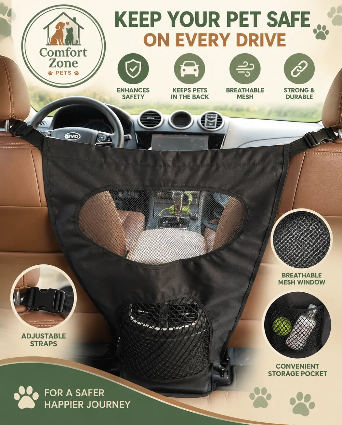 Adjustable dog car backseat barrier with mesh window for safe and comfortable road trips